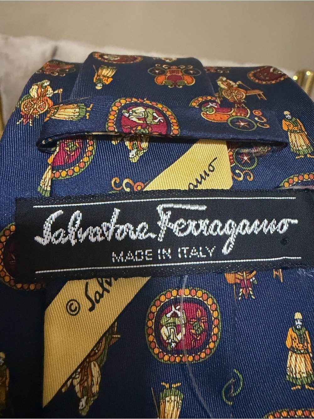 Salvatore Ferragamo Navy Silk Tie with Multicolor Medallion Print